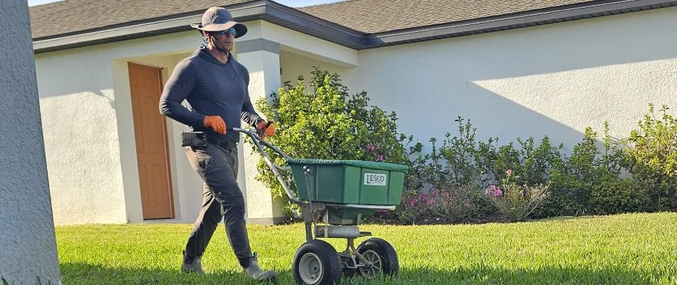 Crew spreading granular fertilizer on a lawn in New Smyrna Beach, FL.