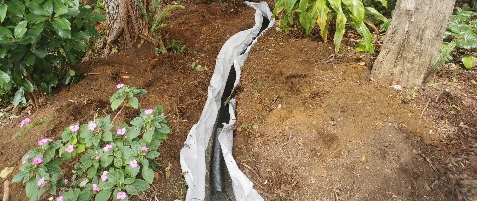 French drain installed in a landscape bed in New Smyrna Beach, FL.