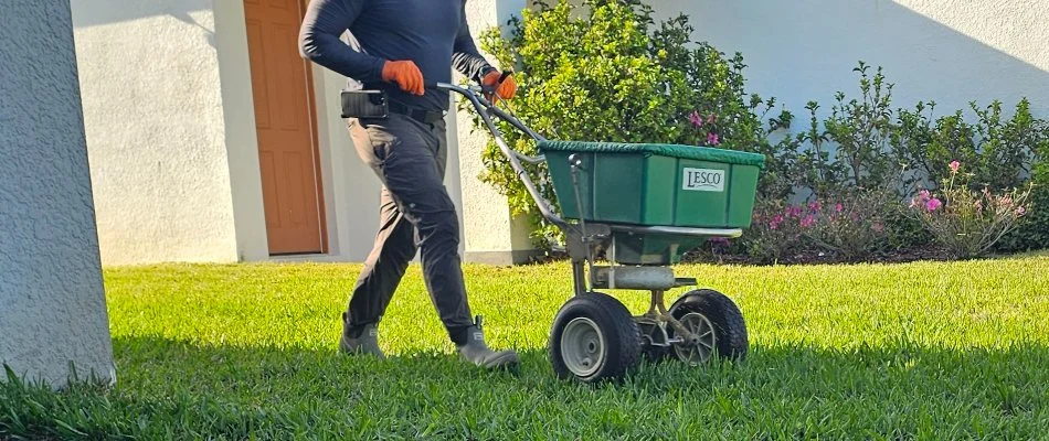 Lawn in New Smyrna Beach, FL, receiving a granular fertilizer treatment.