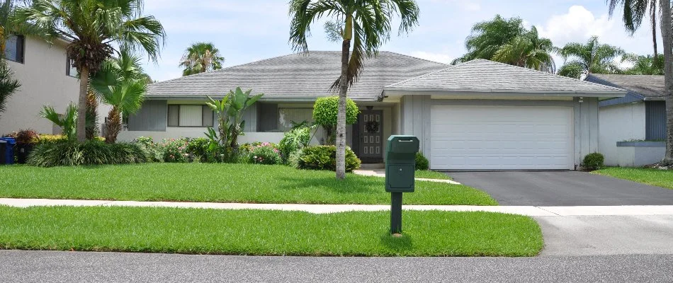Neat green lawn and tropical plants in a yard in New Smyrna Beach, FL.