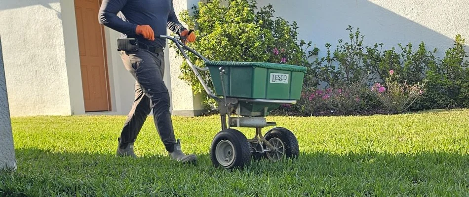 Worker spreading granular fertilizer on a lawn in Florida.
