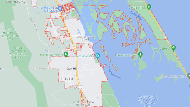 Area map of Oak Hill, FL.